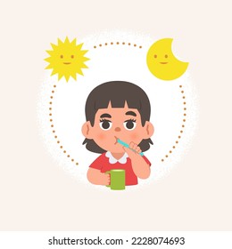 a Asian girl cleaning teeth with toothbrush by brushing teeth with circle and sun and moon, meaning is daily routine daytime and nighttime brushing teeth. illustration cartoon character vector design.