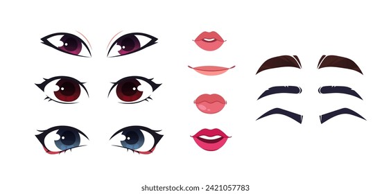 Asian girl constructor eyes set. Lips and eyes, brows. Character creation process. Stickers for social networks and messengers. Cartoon flat vector collection isolated on white background