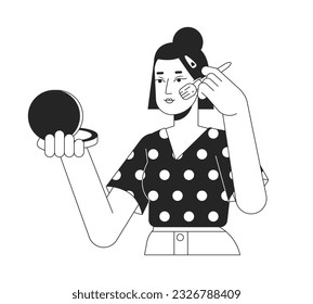 Asian girl doing makeup flat line black white vector character. Editable outline half body woman looking into mirror. Beauty procedure simple cartoon isolated spot illustration for web graphic design