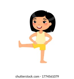 Asian girl doing morning sport exercises flat vector illustration. Young female cartoon character standing, raising leg. Smiling child gymnastic training, athletic workout isolated on white background