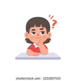 a Asian girl in doubt or have a question on the desk, illustration cartoon character vector design on white background. kid and education concept.