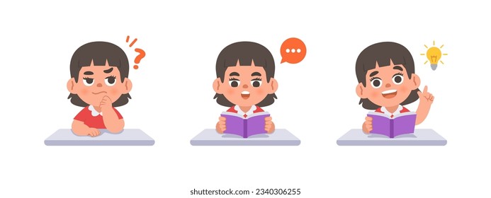 a Asian girl in doubt or have a question, reading the book, get an idea on the desk, study set. illustration cartoon character vector design on white background. kid and education concept.
