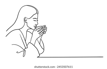 Asian girl drink tea isolated on white background. Morning energy line art drawing. Vector illustration
