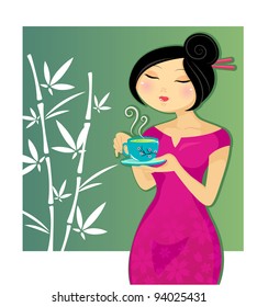 asian girl drinking a cup of green tea