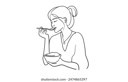 Asian girl eats and enjoys continuous line art drawing isolated on white background. Vector illustration