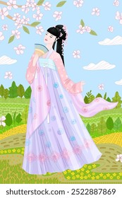 Chica asiática con estilo de pelo elegante en el vestido tradicional Hanfu con ventilador cerró los ojos bajo las ramas del árbol de flor contra el paisaje nublado del campo de primavera