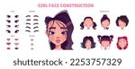 Asian girl face constructor set isolated on white background. Vector cartoon illustration of young woman hairstyles, eyes, lips, brows and noses. Female game character or avatar design elements