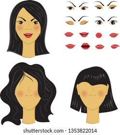 Asian Girl Face Set. Vector face with different emotions