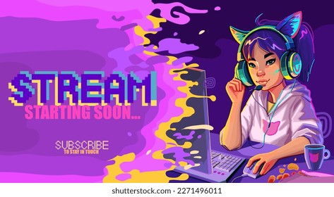 Asian girl gamer or streamer with cat ears headset sits at a computer with some drink and snaks on a table. Cartoon anime style. Vector character with a notificational phrase over