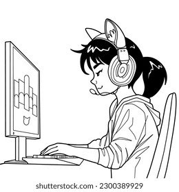 Asian girl gamer or streamer with a cat ears headset sits in front of a computer. Side view, cartoon anime style. Vector character isolated on white background