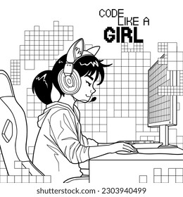 Asian girl Girl gamer or streamer with a cat ears headset sits in front of a computer over an absctract pixel. Side view, cartoon anime style. Vector character design isolated on white background