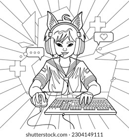 Asian girl gamer or streamer with cat ears headset sits in front of a computer with her mouse and keyboard. Coloring page design. Vector character isolated on an absctract geometric background