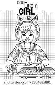 Asian girl gamer or streamer with cat ears headset sits in front of a computer with her mouse and keyboard. Coloring page design. Vector character isolated on white background