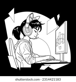 Asian girl gamer or streamer with a cat ears headset in front of a computer over an abstract graphic composition. Side view, cartoon anime style. Vector character design isolated on black background