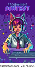 Asian girl gamer or streamer with cat ears headset sits in front of a computer with her mouse and keyboard. Cartoon anime style. Vector character isolated on white background