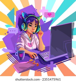 Asian girl gamer or streamer with cat ears headset sits at a computer with an abstract geometric backdrop. Cartoon anime style. Vector character isolated on white background