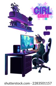 Asian girl gamer or streamer with a headset sits in front of a computer. Side view, cartoon anime style. Vector characters isolated on white background