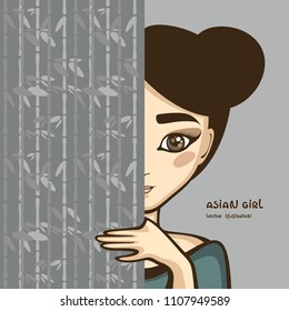 Asian girl with gray bamboo shoji vector illustration. Oriental cartoon character. Fashion portrait.