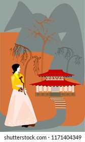 Asian girl with Hanbok (traditional Korean dress). Gyeongbokgung palace.Vector image.EPS 8.