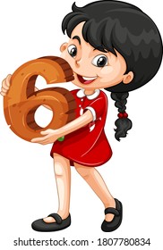 Asian girl holding math number six illustration
