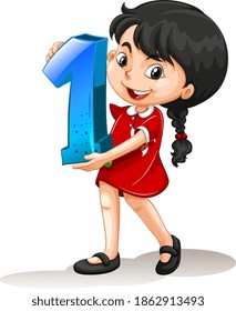Asian girl holding math number one illustration
