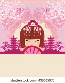 asian girl holding traditional fan -  abstract card