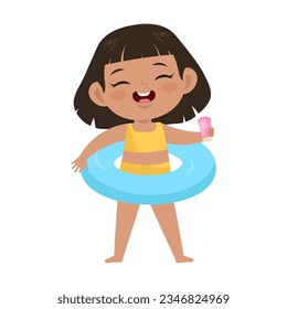 Asian girl with inflatable ring and sunscreen cream flat vector. Happy cartoon girl on vacation. Summer activities concept