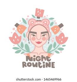 Asian Girl and the inscription. Night routine lettering. Round background with flowers, cosmetics packaging and shapes. Cosmetology, skin care, cream, beauty. Icon in flat style, vector illustration.