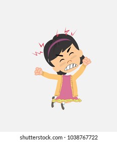 Asian girl jumps angry.