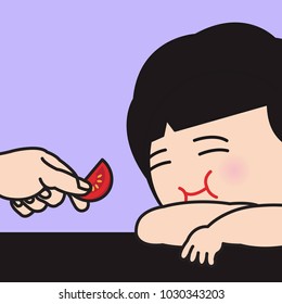 Asian Girl Kid Feeling Struggle To Eat Tomato Vegetable Concept Card Character illustration