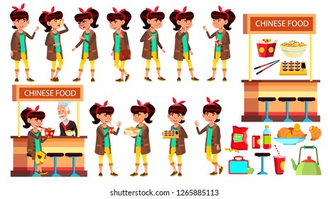 Asian Girl Kid Poses Set Vector. Child. Classic Restaurant, Takeaway Food. Suchi, Rolls, Spaghetti. For Presentation, Print, Invitation Design. Isolated Cartoon Illustration