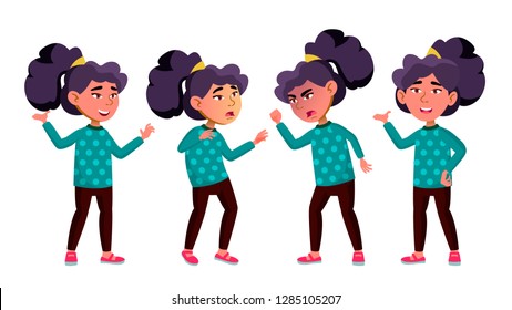 Asian Girl Kid Poses Set Vector. Primary School Child. Young, Cute, Comic. For Presentation, Print, Invitation Design. Isolated Cartoon Illustration