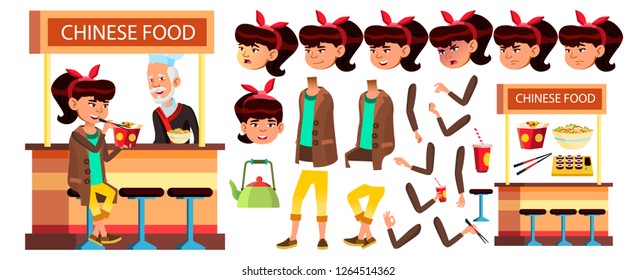 Asian Girl Kid Vector. High School Child. Animation Creation Set. Face Emotions, Gestures. Chinese Food Caffe. For Presentation, Print, Invitation Design. Animated. Isolated Cartoon Illustration