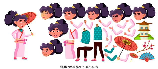 Asian Girl Kid Vector. Japan School Child. Animation Creation Set. Face Emotions, Gestures. Kimono. Funny, Friendship, Happiness Enjoyment. For Postcard, Cover Design Illustration