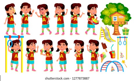 Asian Girl Kindergarten Kid Poses Set Vector. Preschool. Young Person. Cheerful. Playground. For Web, Brochure, Poster Design. Isolated Cartoon Illustration
