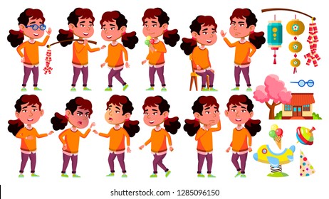 Asian Girl Kindergarten Kid Poses Set Vector. Little Child. Funny Toy. Lifestyle. For Advertising, Placard, Print Design. Isolated Cartoon Illustration
