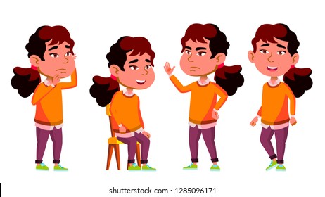 Asian Girl Kindergarten Kid Poses Set Vector. Little Child. Having Fun. Motherhood. For Advertisement, Greeting, Announcement Design. Isolated Cartoon Illustration
