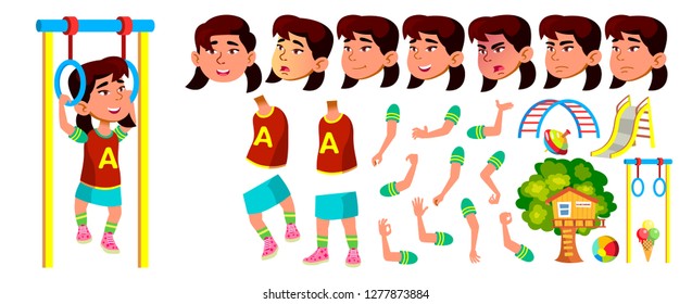 Asian Girl Kindergarten Kid Vector. Animation Creation Set. Face Emotions, Gestures. Little Children. Happiness Enjoyment. For Presentation, Invitation, Card Design. Animated. Isolated Illustration