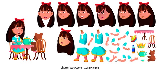 Asian Girl Kindergarten Kid Vector. Animation Creation Set. Face Emotions, Gestures. Playful Positive Small Baby. For Web, Poster, Booklet Design. Animated. Isolated Cartoon Illustration