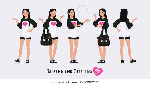 Asian girl, korean narrow eye woman talking, chatting pose set. Wearing cute outfit, oversized crewneck, loose sweatshirt, long sleeve, shorts. Cool looking teenager. Cartoon character illustration