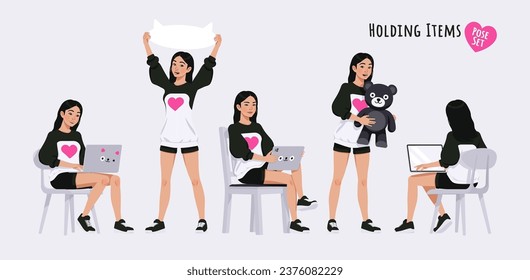 Asian girl, korean narrow eye woman with banner, toy, laptop pose set. Wearing cute oversized crewneck, loose sweatshirt, long sleeve, shorts. Cool looking teenager. Cartoon character illustration