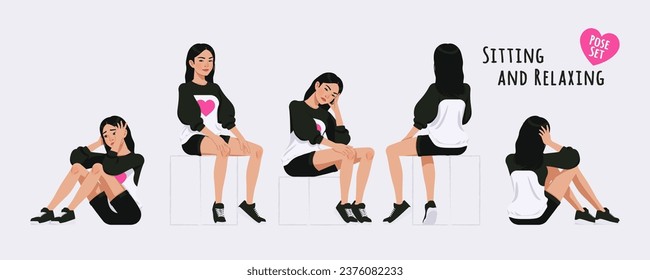 Asiatisches Mädchen, koreanische schmale Auges sitzend, ruhend entspannende Pose Set. Tragen Sie süßen übergroßen Krewackel, lockeres Sweatshirt, lange Ärmel, kurze Hosen. Cool aussehender Teenager. Cartoon-Zeichentrickgrafik