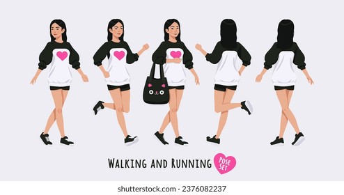Asian girl, korean narrow eye woman walking, running pose set. Wearing cute outfit, oversized crewneck, loose sweatshirt, long sleeve, shorts. Cool looking teenager. Cartoon character illustration
