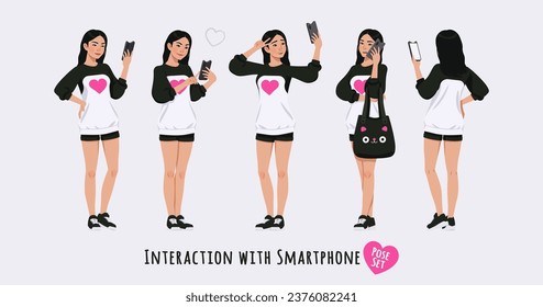 Asian girl, korean narrow eye woman using smartphone pose set. Wearing cute outfit, oversized crewneck, loose sweatshirt, long sleeve, shorts. Cool looking teenager. Cartoon character illustration