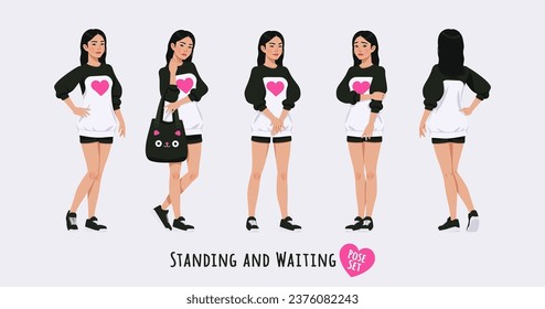 Asian girl, korean narrow eye woman standing, waiting pose set. Wearing cute outfit, oversized crewneck, loose sweatshirt, long sleeve, shorts. Cool looking teenager. Cartoon character illustration