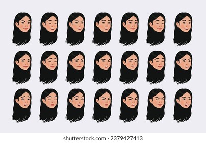 Asian girl, korean woman bundle, black hair emote set. Brunette female head, emotional facial expressions. Different face icons, positive, negative emotion pic. Vector cartoon on white background