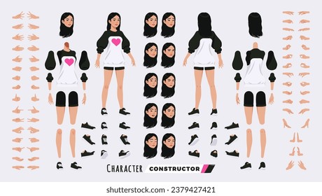 Asian girl, korean woman, cute female character DIY constructor. Oversized crewneck, loose sweatshirt and shorts. Head, leg, hand gestures, different face emotions. Vector cartoon construction kit