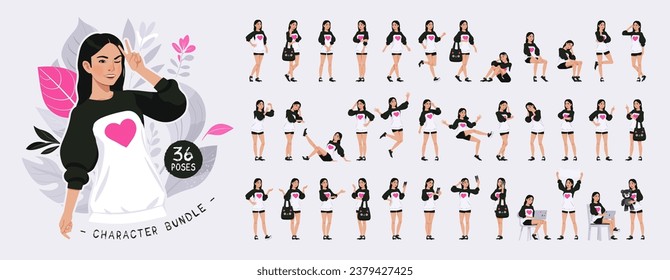 Asian girl, korean woman in oversized crewneck, pretty female character set. Youth fashion bundle, loose sweatshirt and shorts casual wear. Social media, korea style, beauty kit. Vector cartoon