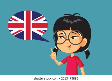 
Asian Girl Learning English Vector Cartoon Illustration. Child expanding foreign language vocabulary learning new words
