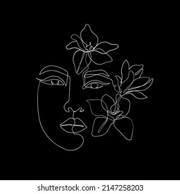 Asian girl line art, drawn with one line. On a black background with a sketch liner, a girl with flowers moglinolia in her head